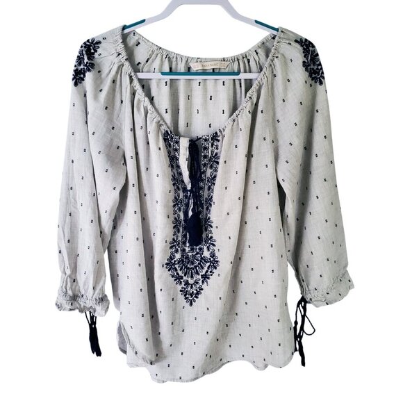 ZARA Boho Embroidered Peasant Top Unbleached Cotton with Navy Blue Stitching XL - Picture 8 of 16